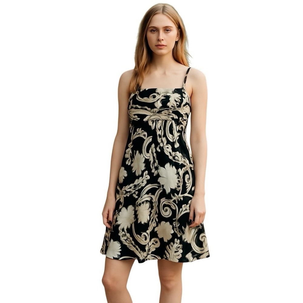 Ann Taylor Silk Dress 14 Black Ivory Floral Chiffon Fit Flare Wedding Guest